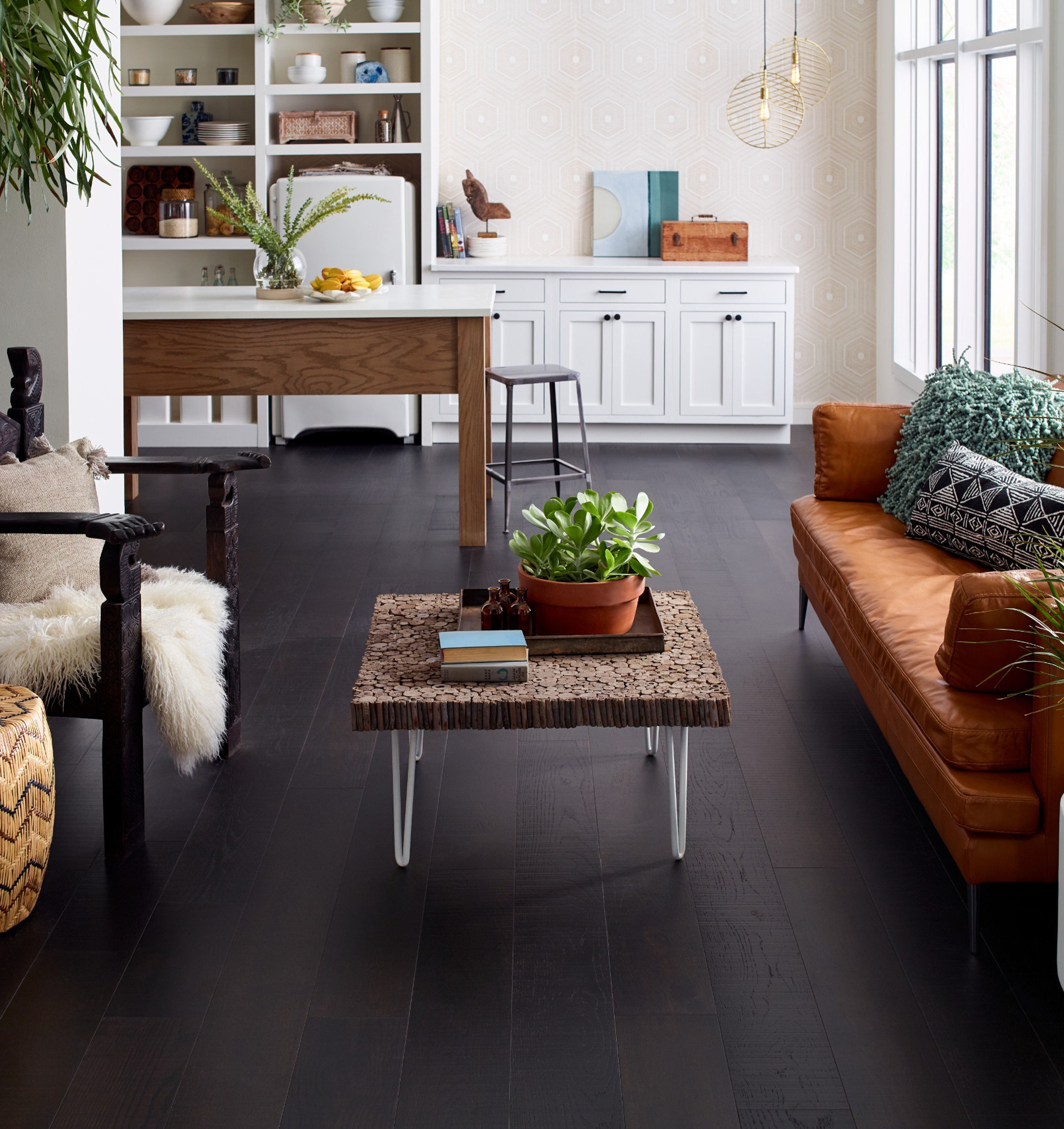 Living room with dark wood-look luxury vinyl flooring
