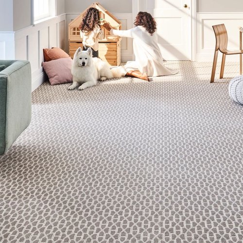 Kids playing with a dog in a living room with beige textured carpet from Carpet Plus in the Worthington, MN area